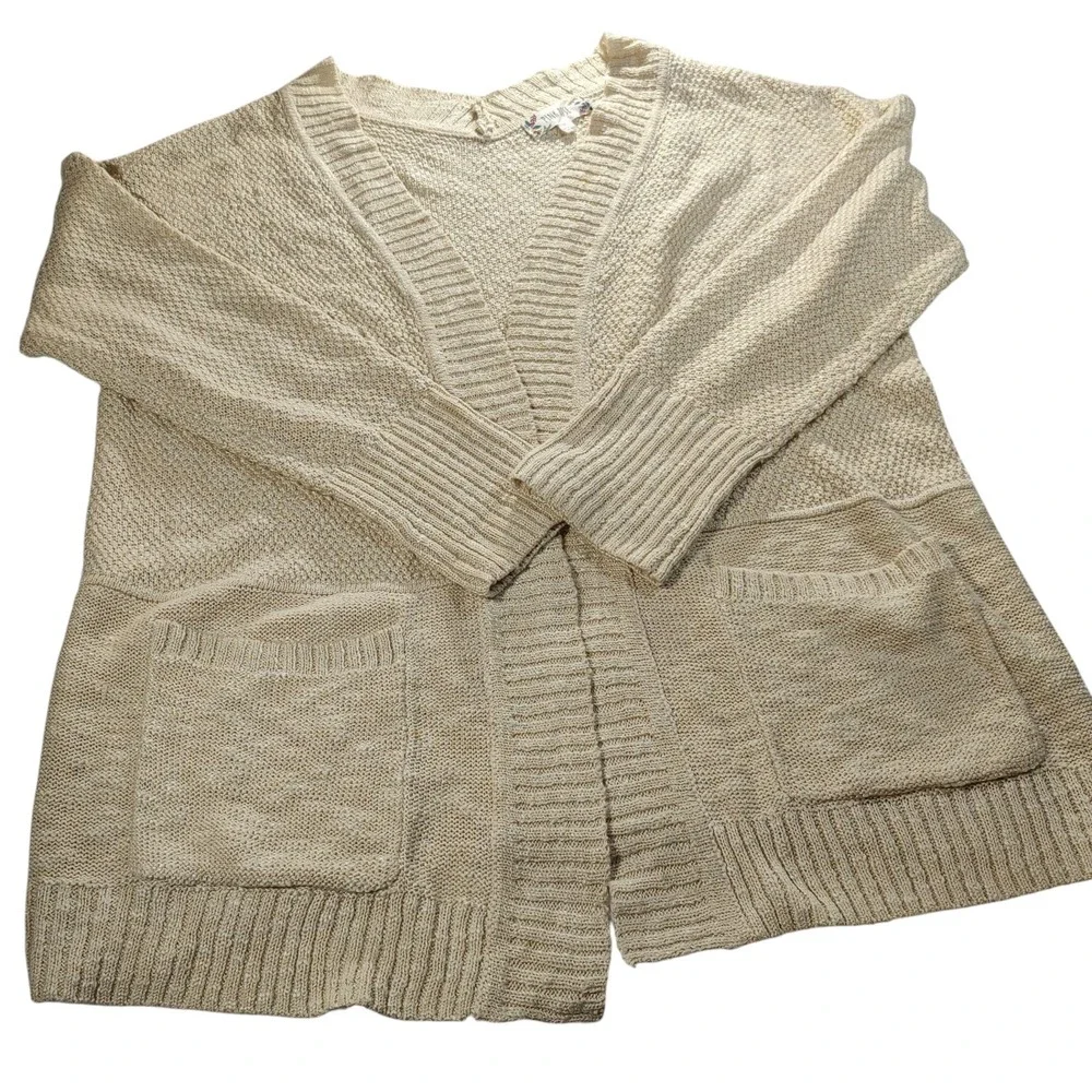 Pink Rose Open Cardigan Sweater with Pockets Oatmeal Tight Knitted Womens Medium